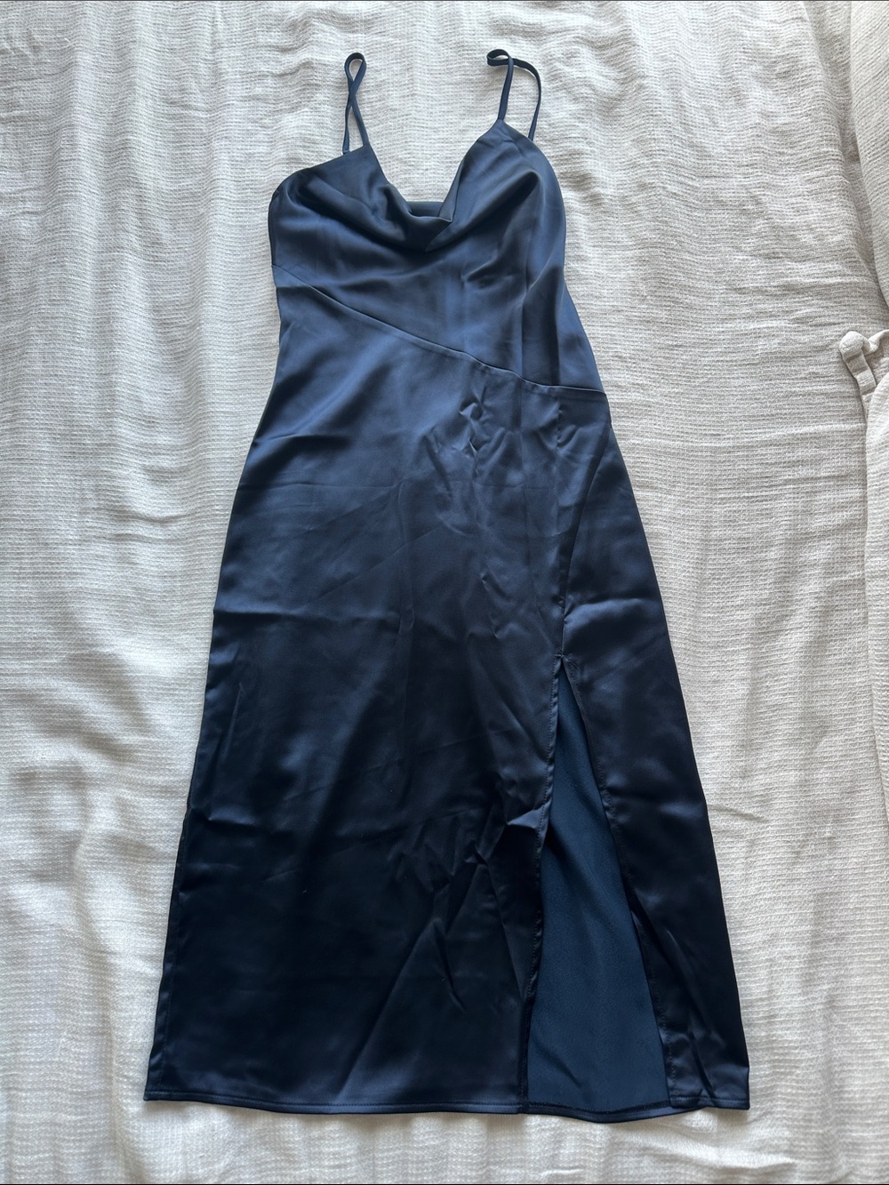 Navy Satin Slip Dress with Cowl Neck